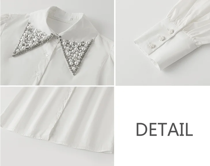 

2021 Spring New Hand-beaded White blouse shirt Elegant Women Tops Turn down collar Long sleeve Office lady clothing