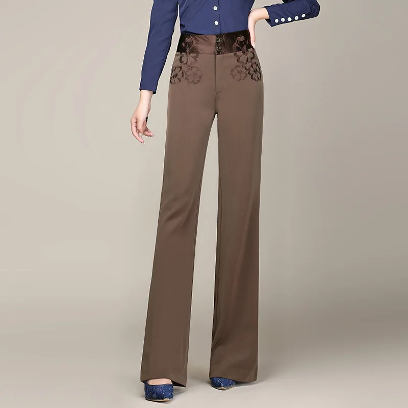 Плюс размер высокая талия широкие брюки женские темперамент вышивка свободный