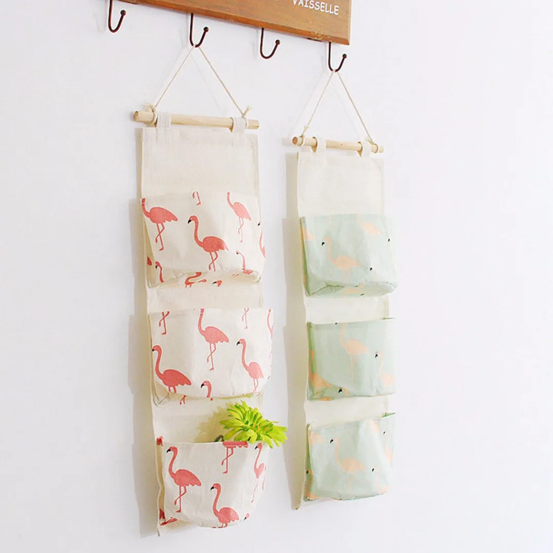 Льняная 3 слойная сумка для хранения с фламинго льняная настенная кармана