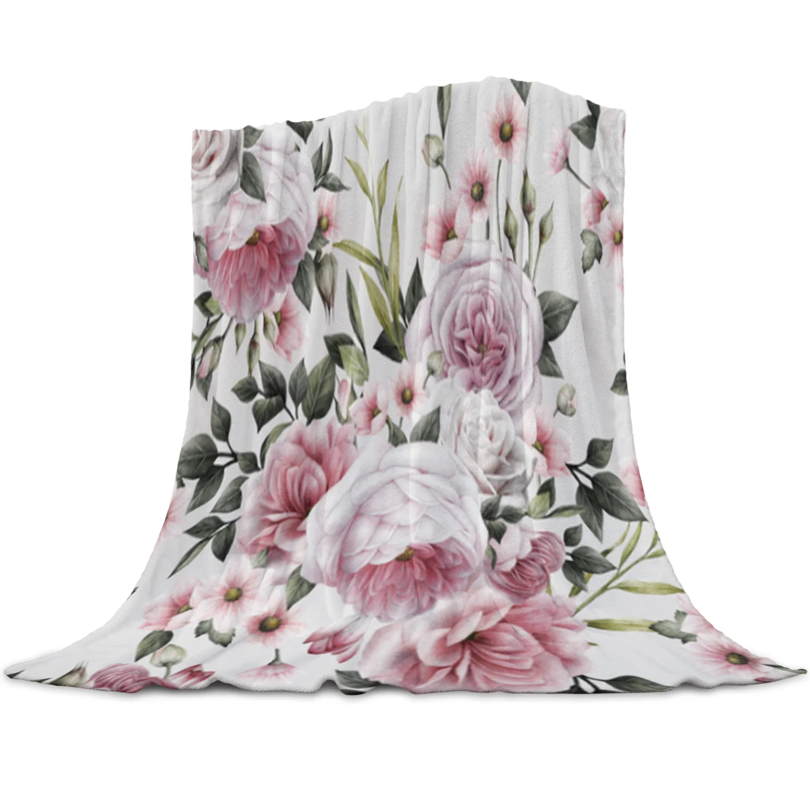 

Floral Pattern with Pink Roses Throw Blanket for Sofa Christmas Decor Bedspread Portable Microfiber Flannel Picnic Blanket