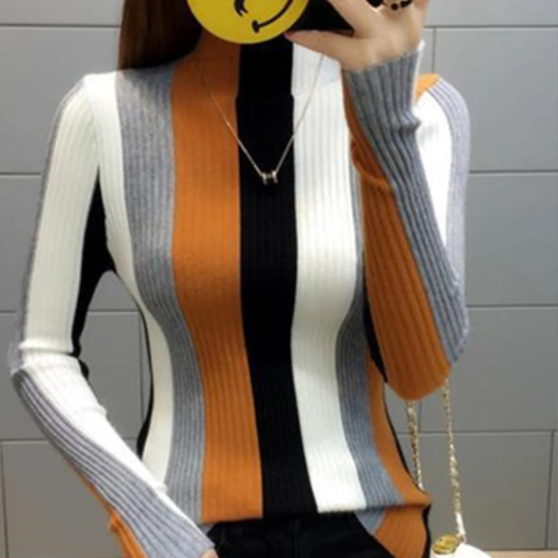 Свитер с высоким воротником Женский пуловер рубашка длинным рукавом приталенная