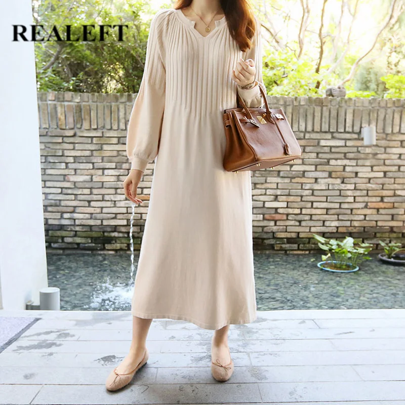 Женское вязаное платье свитер REALEFT повседневное Свободное длинное с v образным
