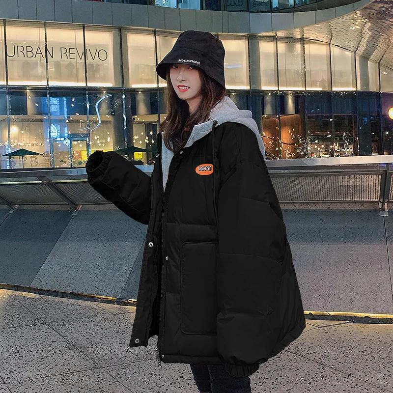 Women Korean Style Loose Winter 2023 New Fake Two-piece Hooded Tops Coats Thick Bread Jacket Short Down Cotton Parkas Overcoat
