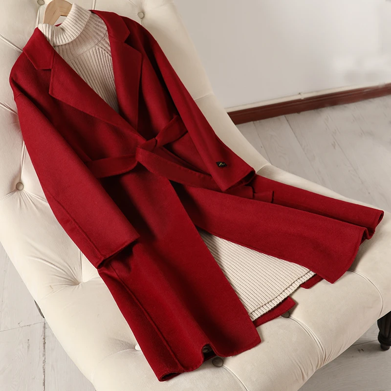 2019 Double-sided Cashmere Overcoat Female Long Style Skinny Korean 100% Wool Fabric Solid Belt Fashion | Женская одежда