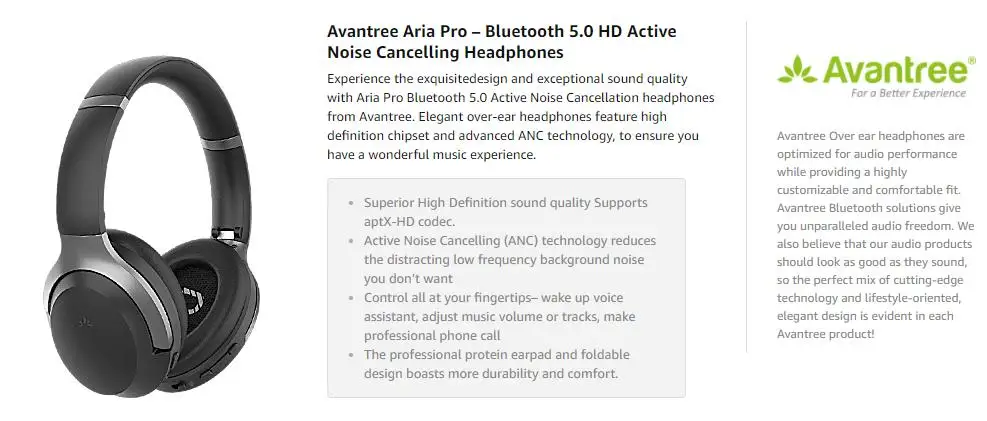 Avantree Bluetooth 5,0 активные наушники с шумоподавлением, aptX-HD наушники с накладным ухом ANC со съемным микрофоном для ТВ ПК
