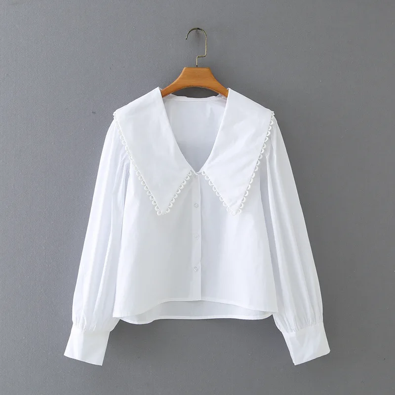 White chiffon shirt female beaded loose sexy basic chiffon top shirt long-sleeved irregular top ladies lapel collar