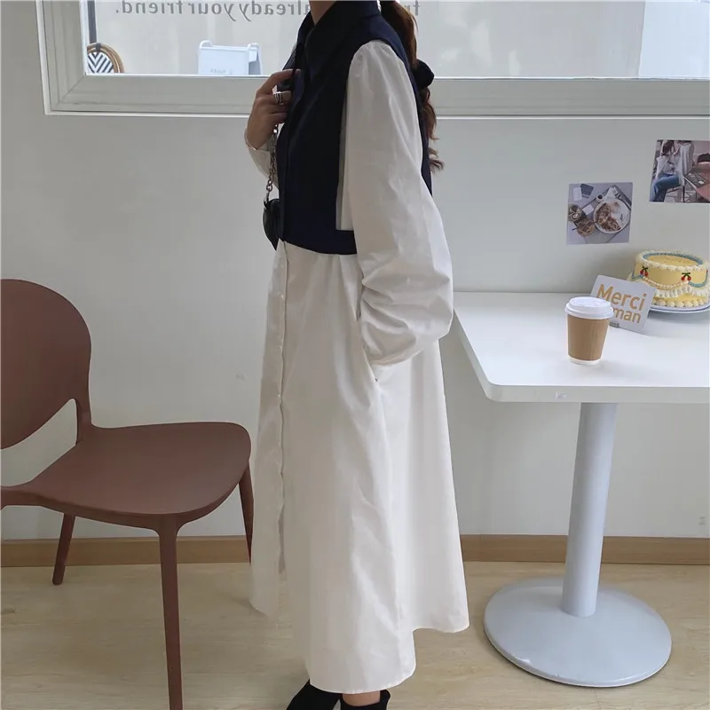 

HziriP 2021 Fashion Color-Hit Lapel Chic Vintage High Waist Women Korean Casual Hot Loose Office Lady All Match Long Dresses