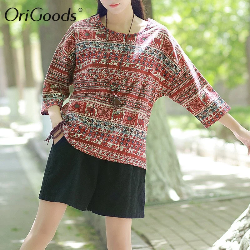 OriGoods Print T-Shirt Blouse Women Elephant Summer Tee Shirt Cotton O-neck Loose Casual Blusas Tops C064 | Женская одежда