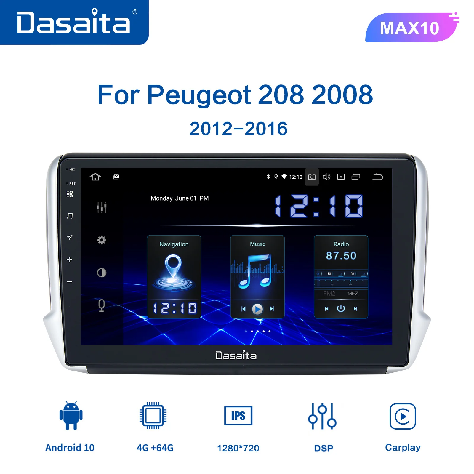 

Dasaita Android 10 Car Multimedia Carplay for Peugeot 2008 208 Radio player 2012-2020 TDA7850 1280*720 GPS Navigation