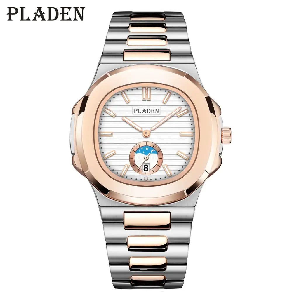 PLADEN Хит продаж Роскошные мужские часы с белым циферблатом розовое золото два