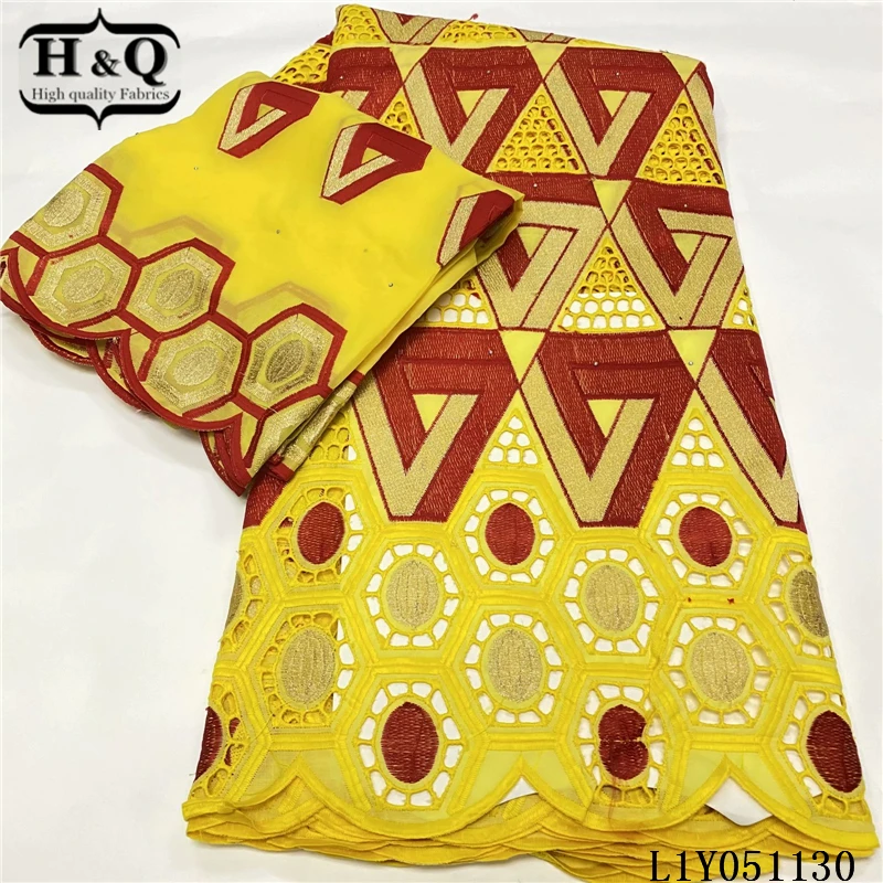 

H&Q 100% cotton swiss lace fabric 2021 high quality nigerian laces embroidery with stone 5+2 yard for nigerian women dresses