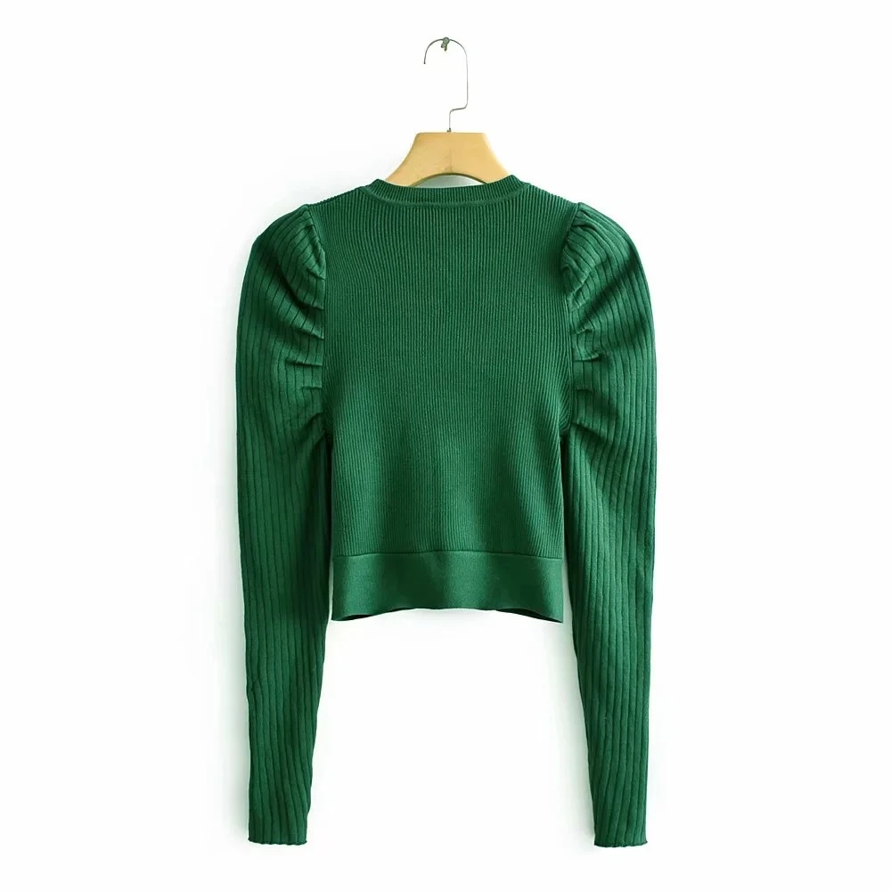 Зеленые женские свитера с пышными рукавами Bomb Модные Элегантные вязаные зимние