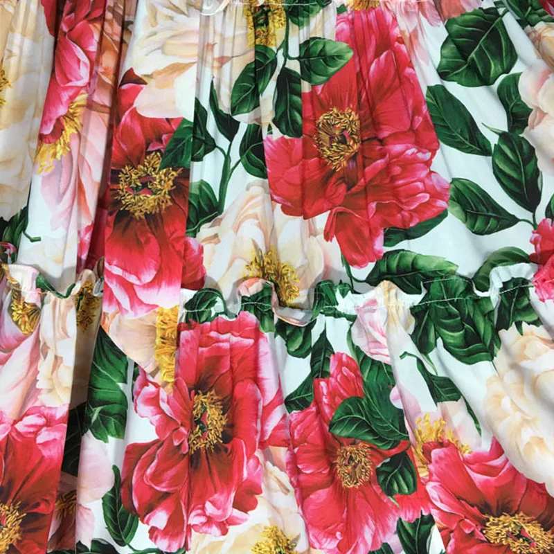 

2021 Summer Women's Dress Red Camellia Flower Print Loose Bowknot Mid-length Elegant Holiday Party Large Size Dress With Belt