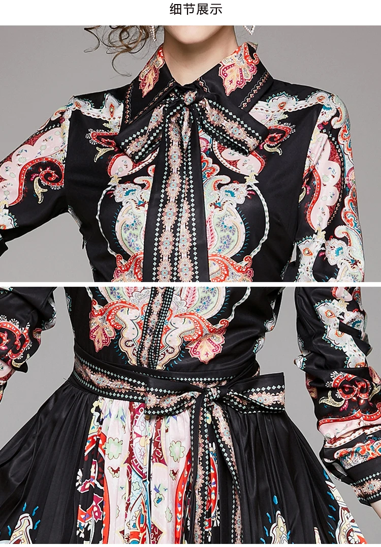 

Runway Designer 2020 Spring Bow Shirt Dresses Women Long Sleeve Robe Fashion black Print Beach Holiday Maxi Dresses Vestdios