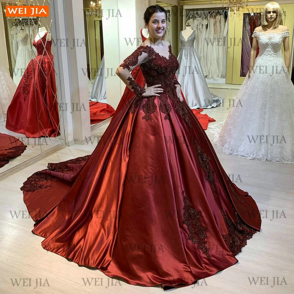 

Burgundy Long Sleeves Evening Dress 2021 For Women Lace Up Abendkleider Appliqued Satin Ball Gown Formal Dress Suknia Wieczorowa