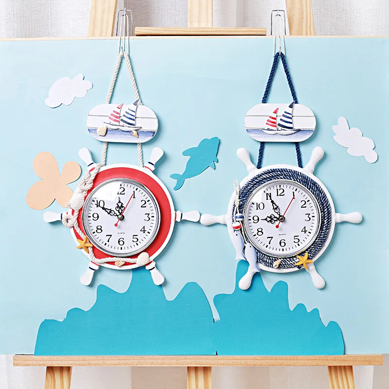 Mediterranean Style Wood Anchor Clock Hanging Wall Clock Shi
