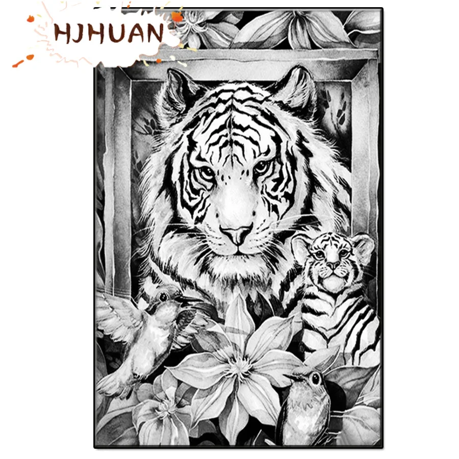 

Алмазная живопись, черно-белая картина с животными, белый тигр 5D, полноразмерная вышивка крестиком, подарок, домашний декор, подарок из смол...