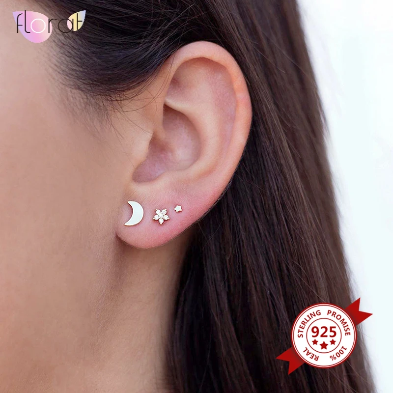 

Minimalist 925 Sterling Silver Ear Needle Tiny Star/Moon/Bar Shaped Stud Earrings for Women CZ Crystal Earrings Fashion Jewelry