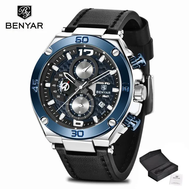 blue BENYAR новые мужские s часы лучший бренд класса люкс военные армейские часы с хронографом мужские Кварцевые водонепроницаемые спортивные часы Relogio Masculino+ коробка - Цвет: blue