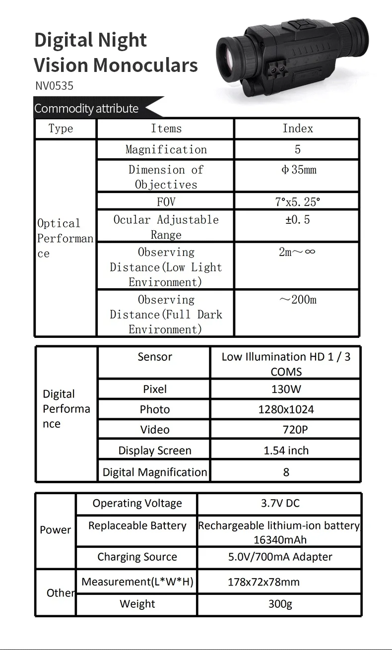 NV535 Охота ночного видения цифровой инфракрасный монокуляр ночного видения устройство HD видео/фотография