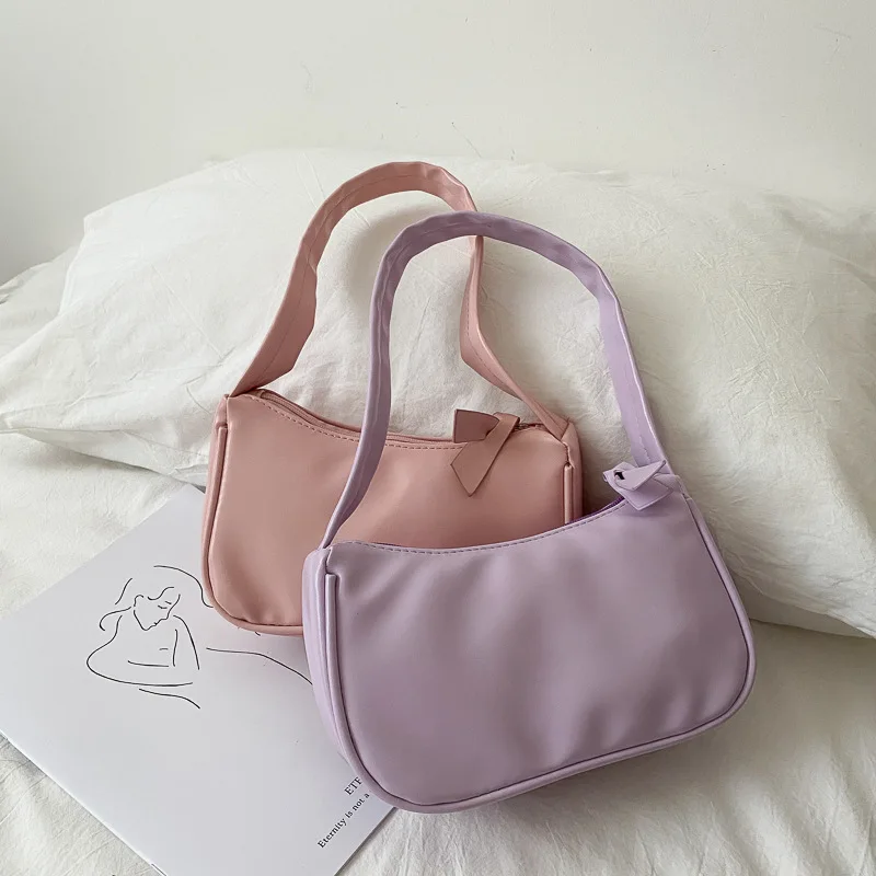 

Satchel Hangdbag Soft PU Leather Women Purple Underarm Bag Retro Solid Color Ladies Baguette Handbags Girls Small Shoulder Bags