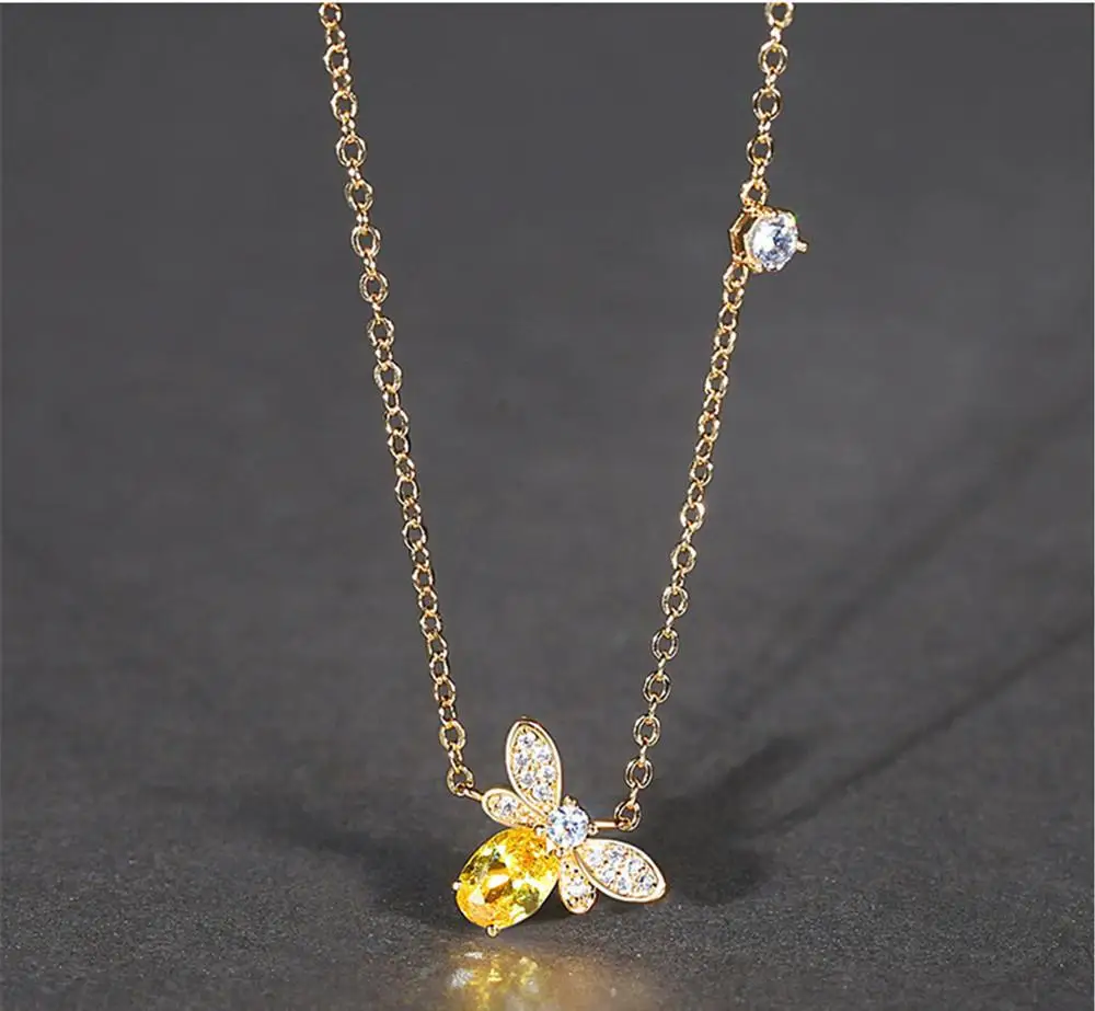 

Citrine gemstones yellow crystal pendant necklace for women AAA zircon diamonds gold color choker bee charm jewelry fashion gift