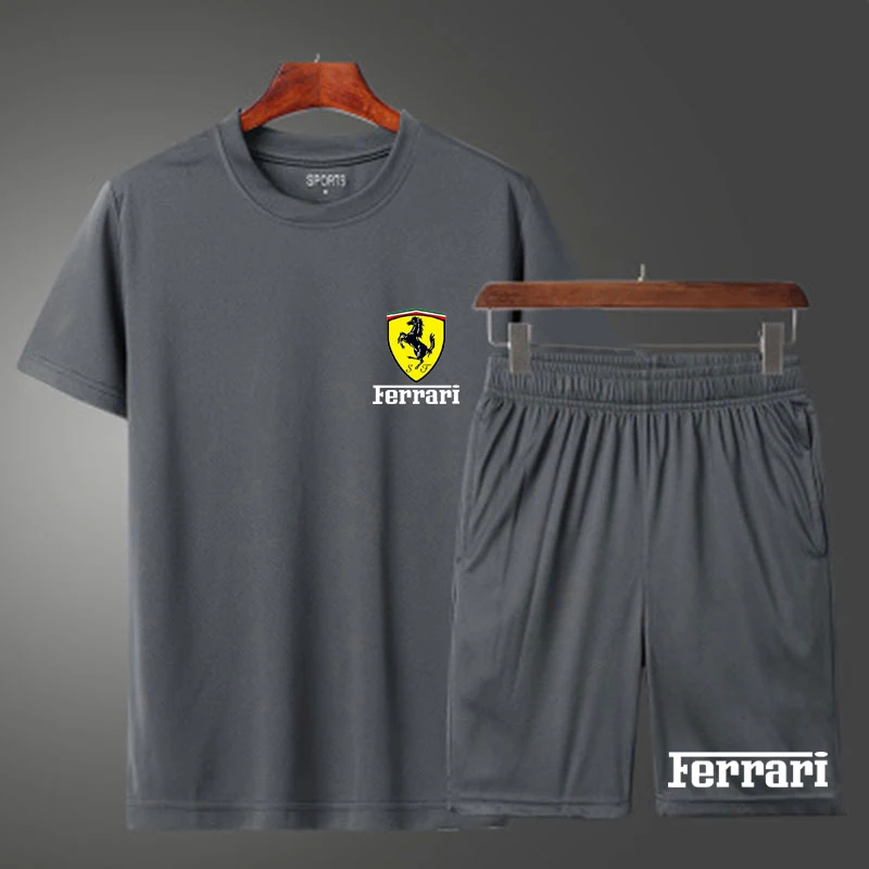 

Ferrari vero nova roupa esportiva masculina casual secagem rpida ao ar livre manga curta camiseta e calas conjunto de duas pe