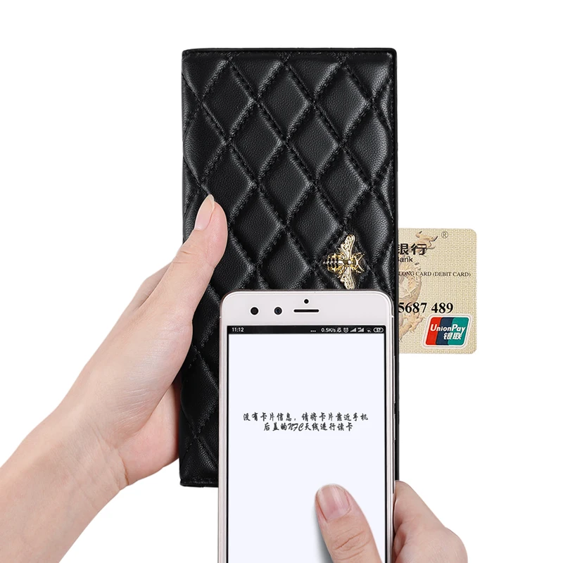 Модный кошелек из овчины RFID длинный женский ультра тонкий двойной держатель для