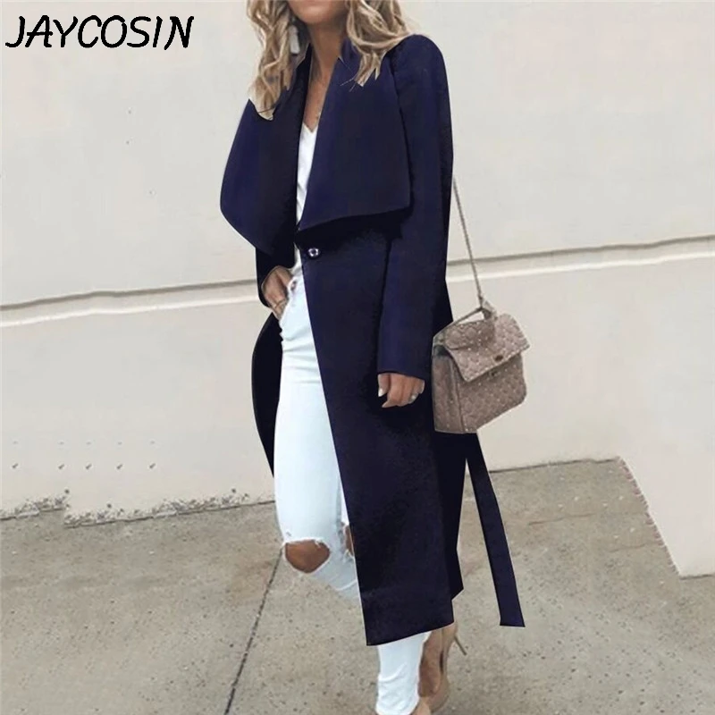 Женское шерстяное пальто JAYCOSIN длинный Тренч на пуговицах с лацканами однотонное