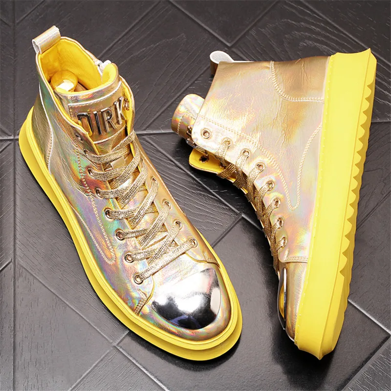 

Gold Hip Hop Punk Men Sneakers High Tops Web Celebrity Board Shoes Male Height Increasing Flats Zapatillas Hombre