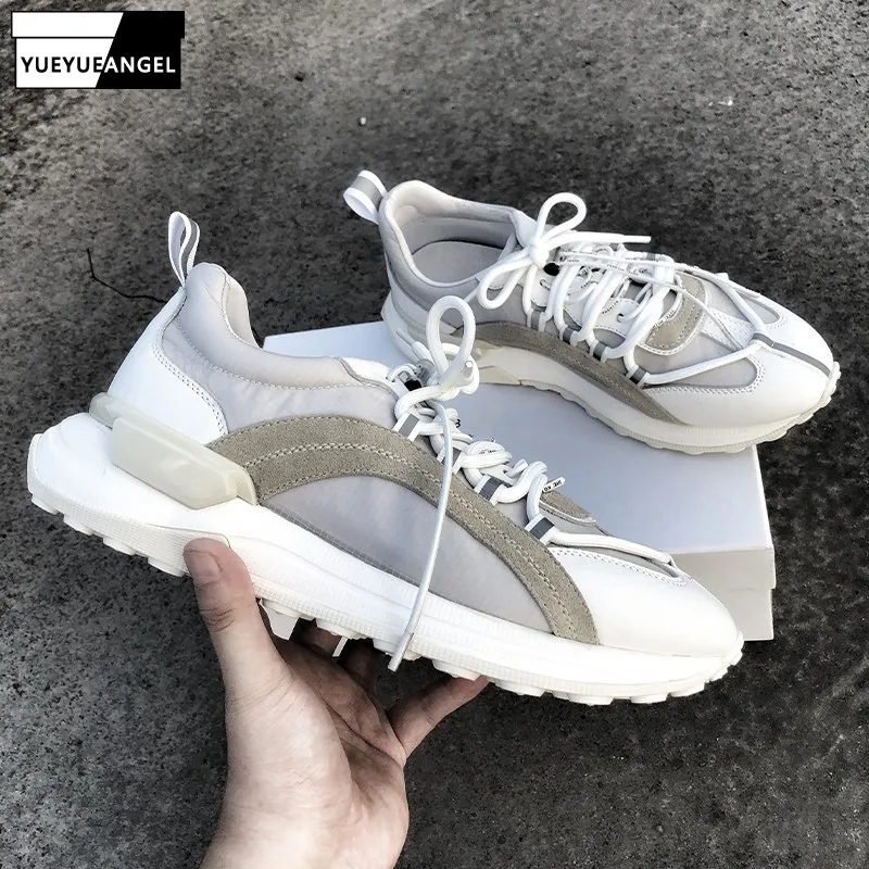 

Men Height Increasing Mixed Colors Vintage Casual Shoes Patchwork Real Leather Outdoor Platform Sneakers Male Street White Shoes