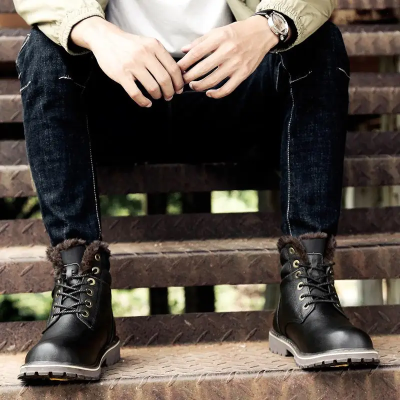 

Handmade sewing Fashion Men Boots outdoor Classic Black Winter ankle Boots Genuine Leather Warm plush snow Boots big size 50 o4