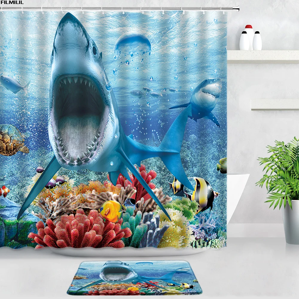 

Underwater World Animal Shower Curtains Bath Mats Set Dolphin Sea Turtle Fish Ocean Scenery Decor Door Pad Bathroom Non-slip Rug