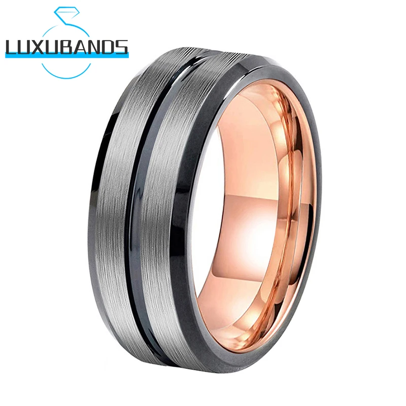 

8MM Tungsten Carbide Ring For Men Wemen Brushed Finished Rose Gold Inner Black Center Grooved Comfort Fit
