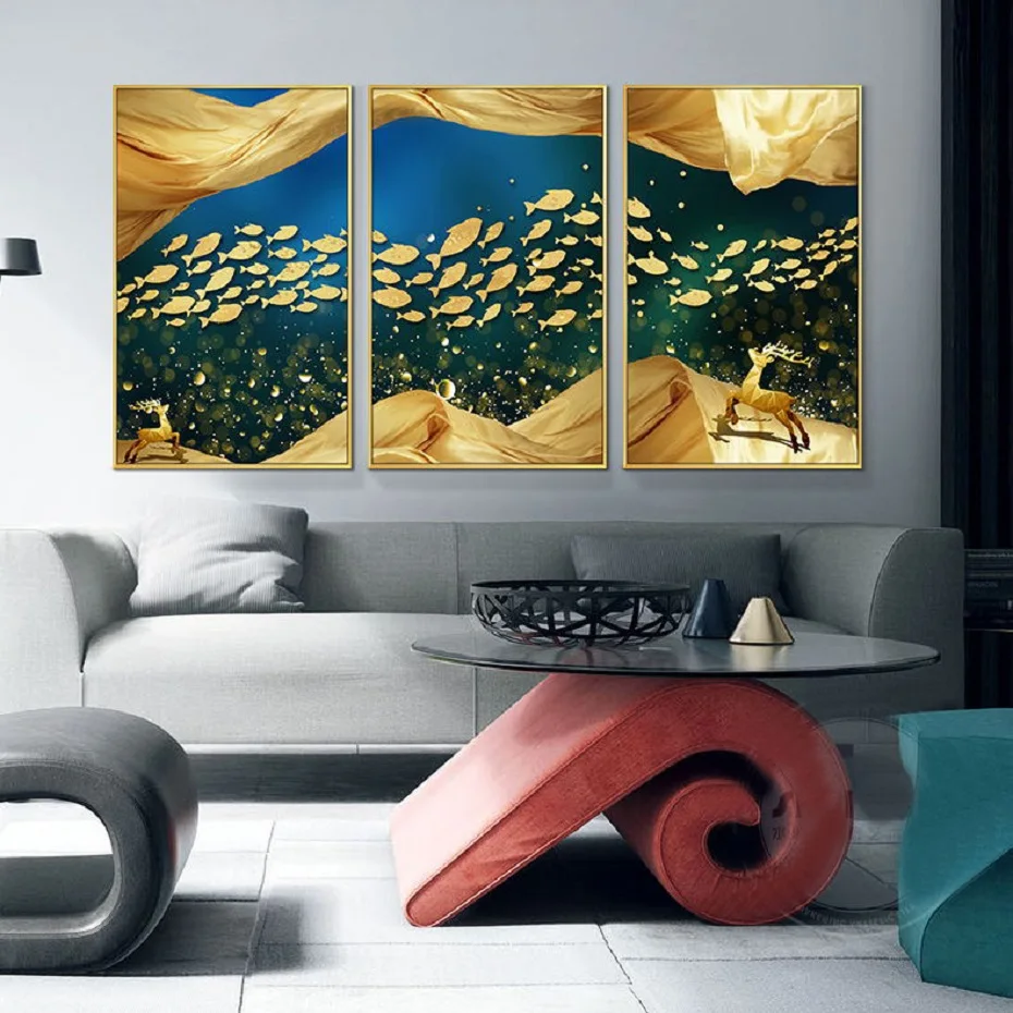 3 шт. абстрактная Золотая Рыба школа Лось Печать на холсте настенные