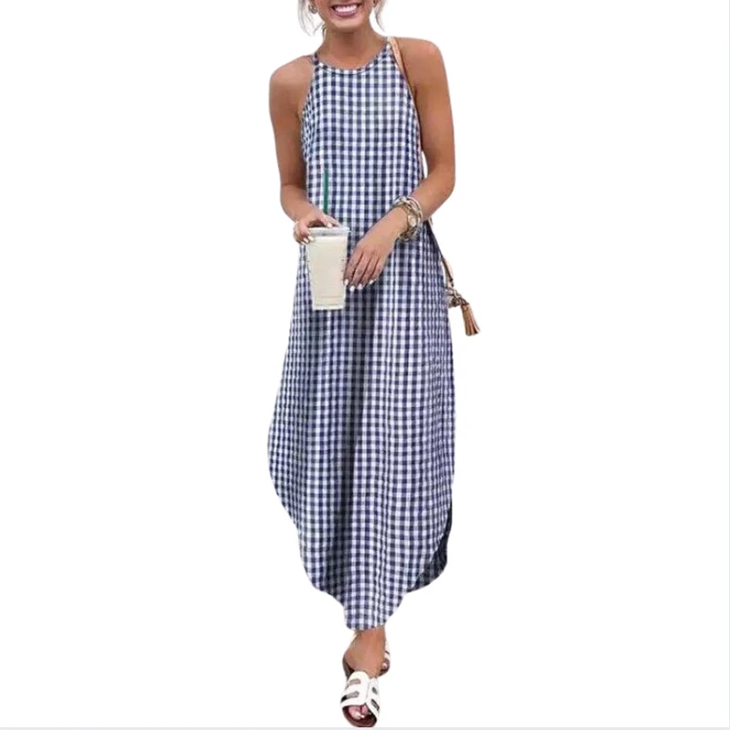 

2021 New Ladies Summer Fashion Round Neck Temperament Commuting Irregular Hem Plaid Dovetail Suspender Dress