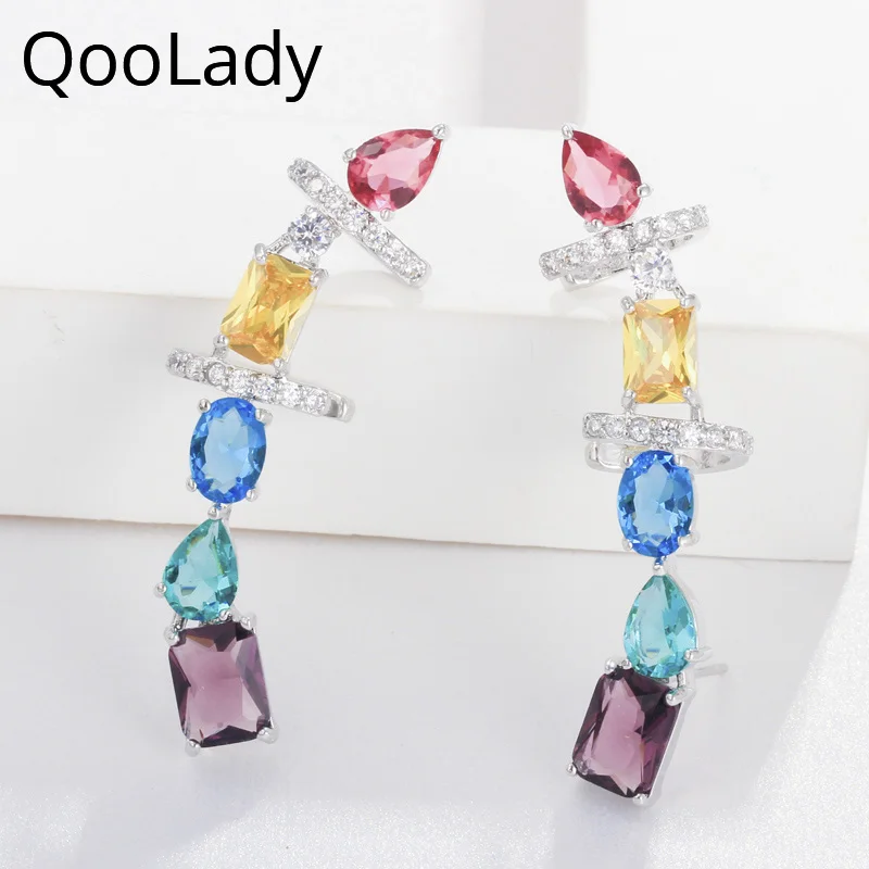 QooLady, высокое качество, желтый, красный цвет, модные серьги-манжеты с кубическим цирконием, длинные серьги-гвоздики для женщин E019