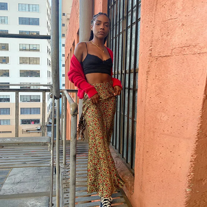 

Женская летняя длинная юбка Y2K с цветочным принтом, женское облегающее полуплатье до щиколотки, уличная одежда для электронных девушек