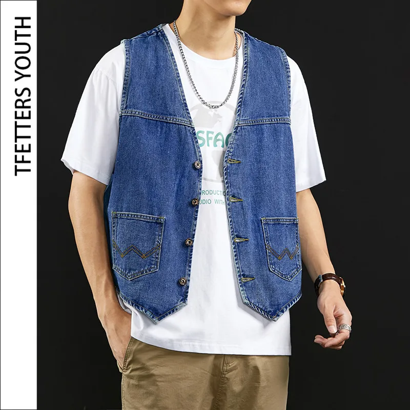 

TFETTERS Brand 2021 Japanese Fashion Sleeveless Denim Jacket Summer Thin Loose Solid Color Men Jacket Collarless Denim Vests Men