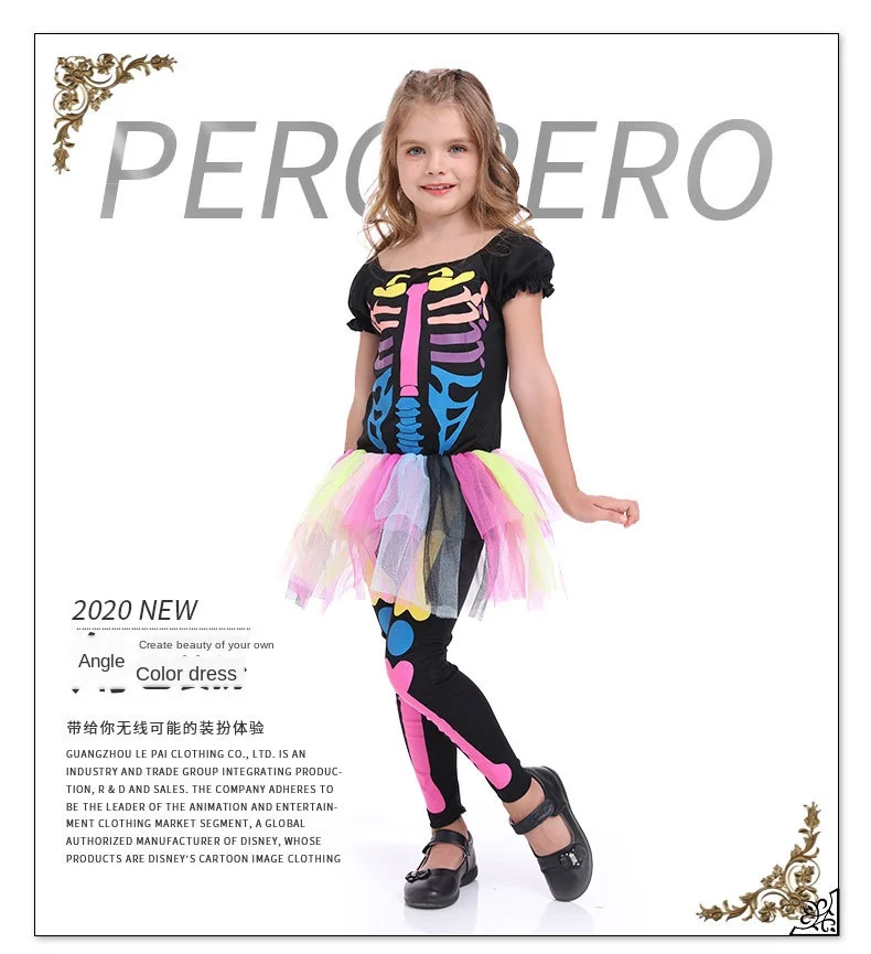 

Halloween Children's Cute Colorful Cosply Skeleton One-Piece Suit Scary Skeleton Ghost Punk Girl's Skirt Costume