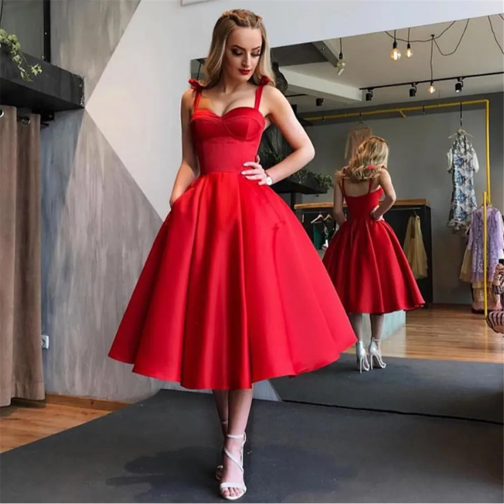 Вечерние платья YUNUO на тонких бретельках вечерние красные атласные дешевые со