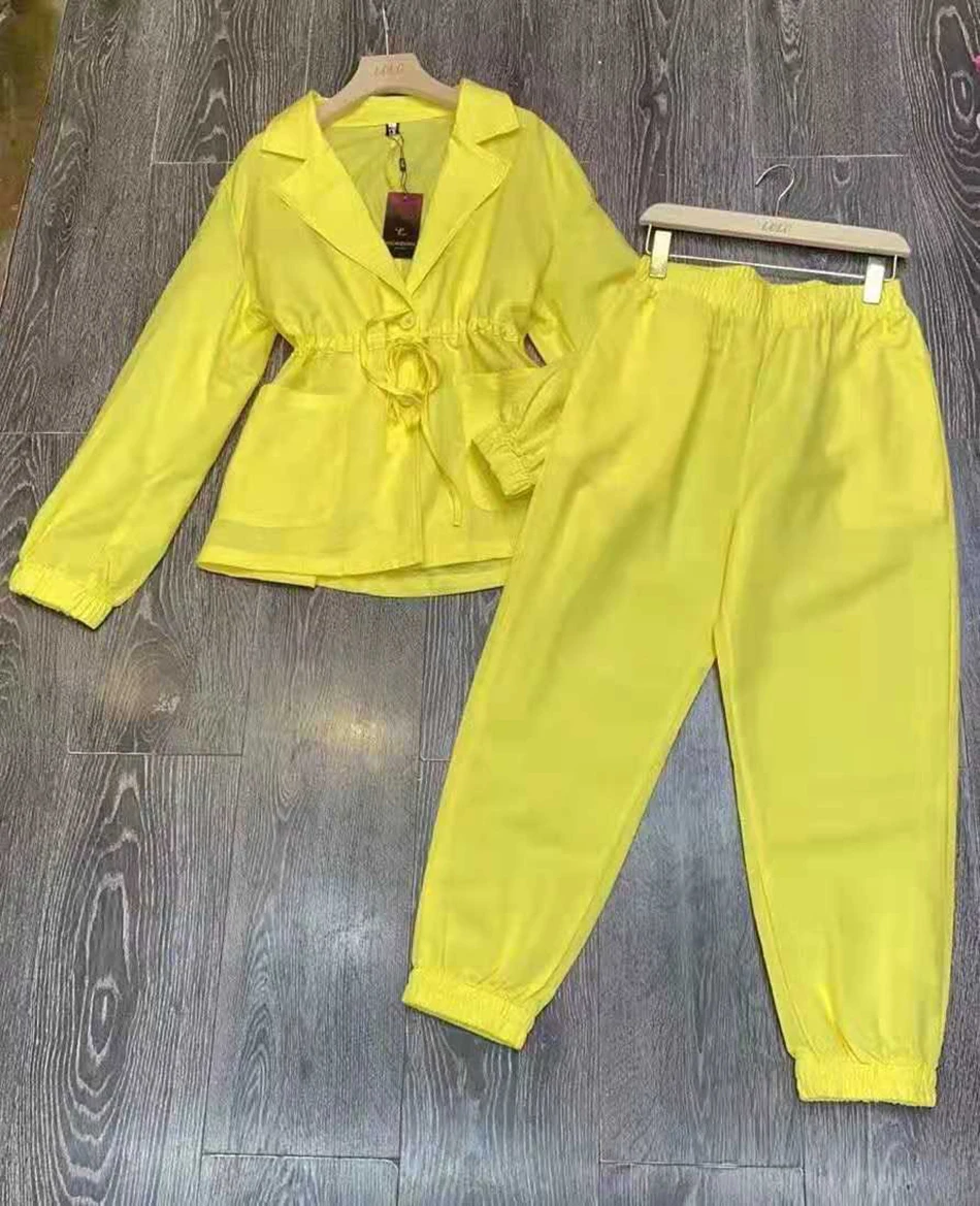 

Ailigou 2021 New Summer Sexy V-Neck Yellow Green Pleated Pants Female Fashion Ladies Office Casual Pants Celebrity Party Suit