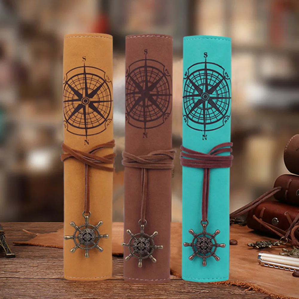 

New Retro Treasure Map Pencil Cases Luxury Roll Leather Pu Pen Bag Pouch For Stationery School Supplies Make Up Cosmetic Bag