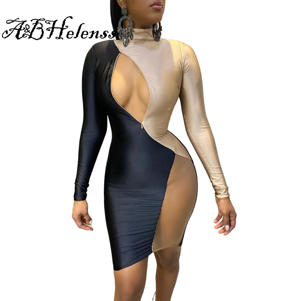 

A&BHelenss Sheer Mesh Color Patchwork Skinny Mini Dress Hollow Out Long Sleeve Zipper Short Night Club See Through Dress