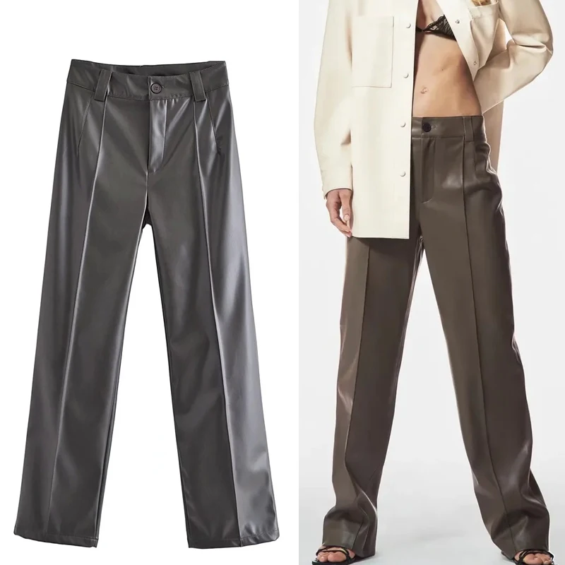 

Брюки женские из искусственной кожи с завышенной талией, прямые, коричневые, на осень