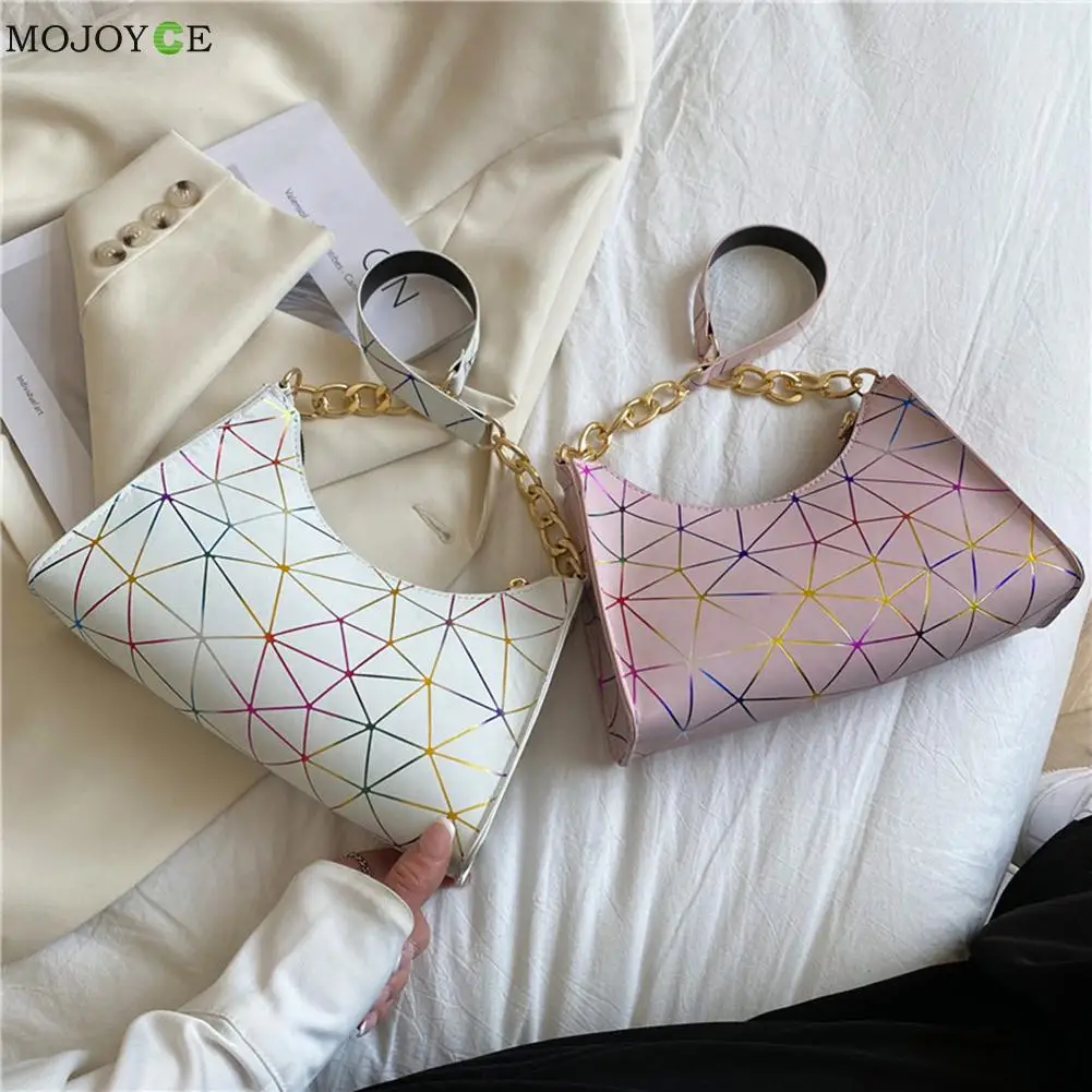 

Модная женская сумка через плечо из искусственной кожи с лазерным принтом, повседневная женская маленькая сумка-хобо на цепочке