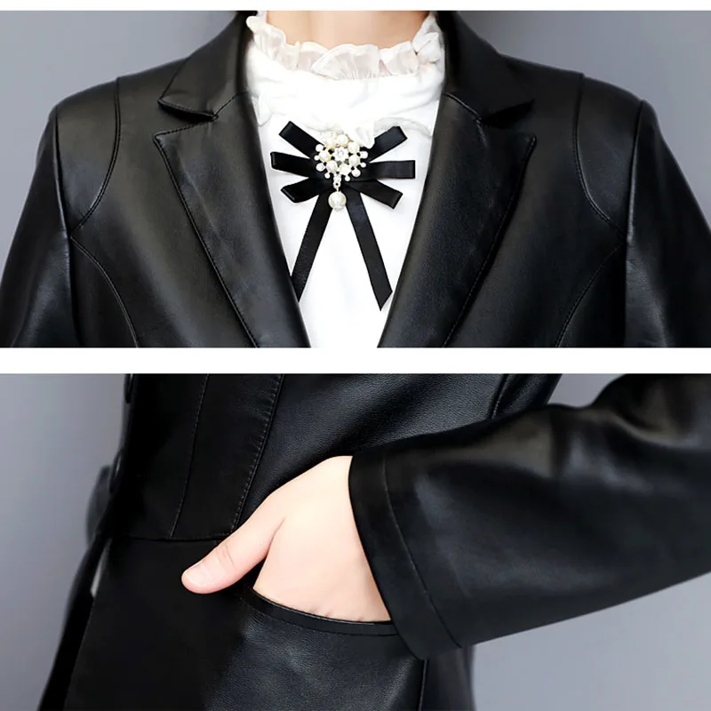 Женская куртка новинка Осень-зима приталенное пальто из натуральной кожи