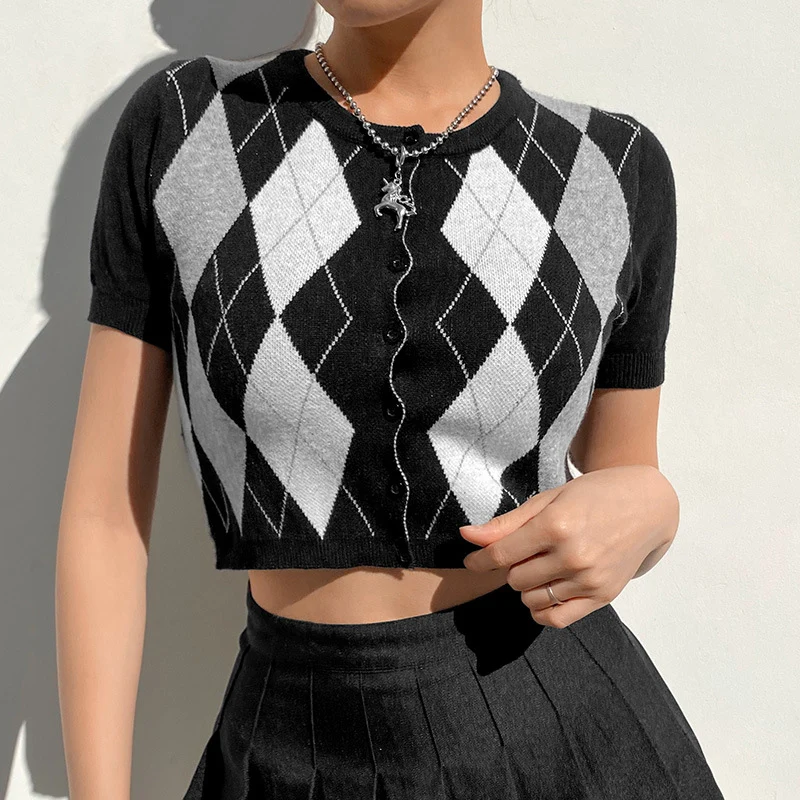 

Женская трикотажная футболка, Модная Тонкая футболка контрастных цветов в стиле пэчворк с ромбовидным узором, короткий рукав, SML
