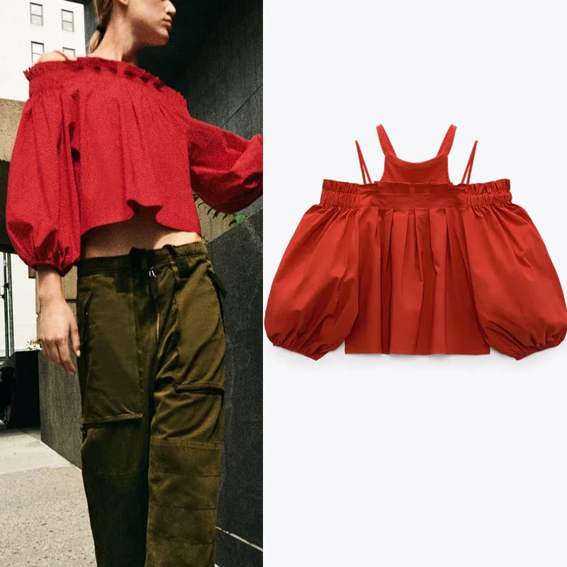 

Женская плиссированная укороченная блузка с длинным рукавом, открытыми плечами