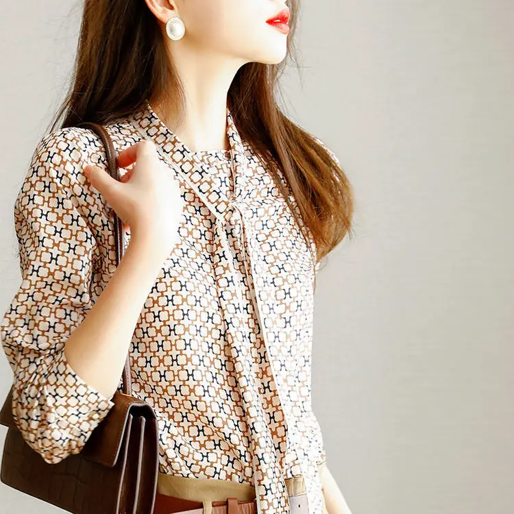 

Bow long sleeve shirt women's spring loose temperament women's fashion printed chiffon shirt top student shirt